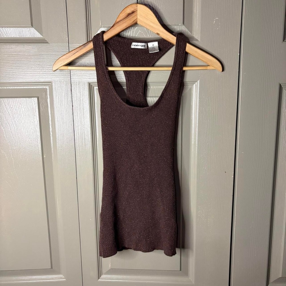 Energie Brown Metallic Ribbed Knit Open Back Mini Dress Pockets Y2K Womens M